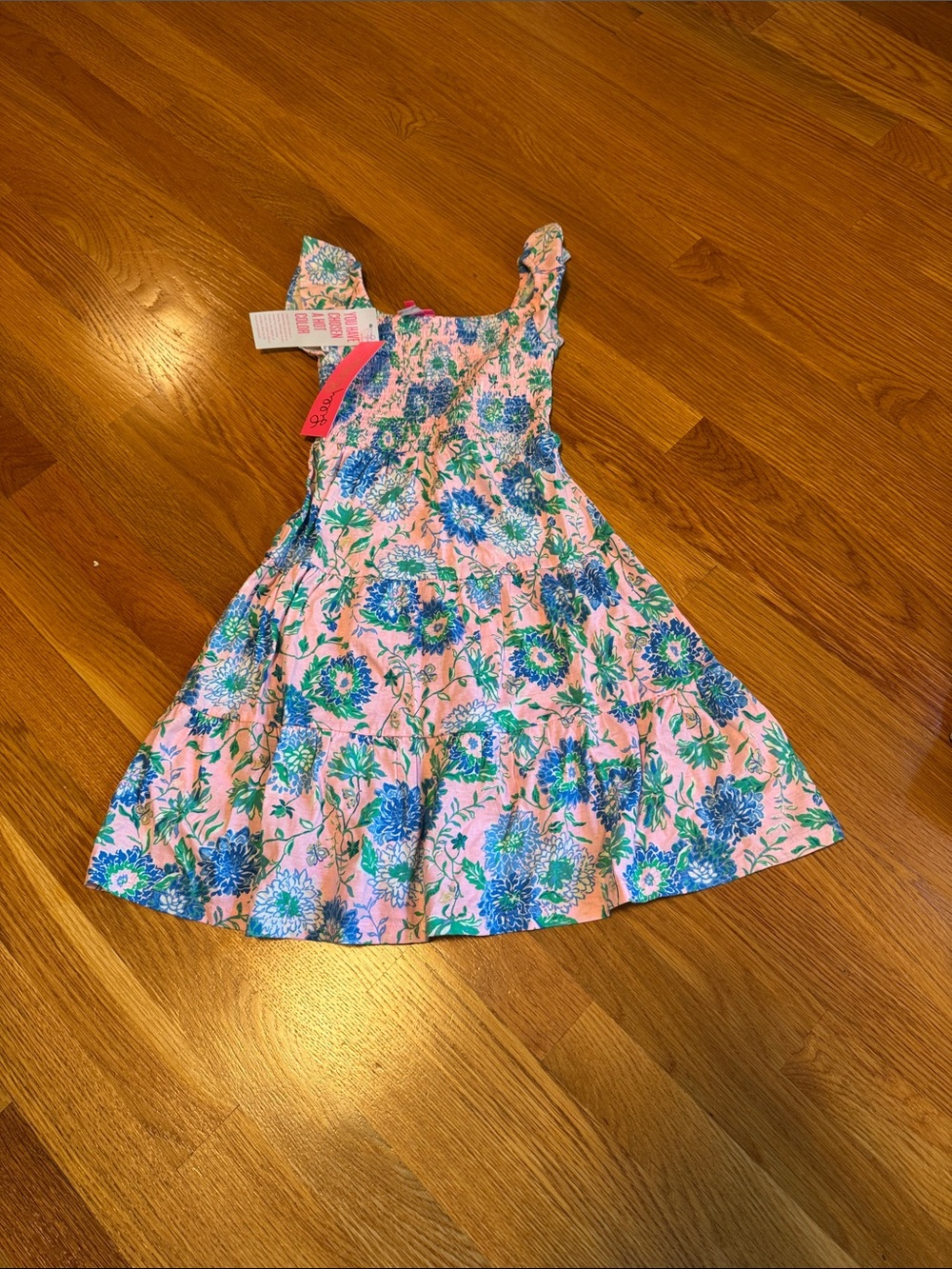 Lilly Pulitzer Pink Floral Sundress with Blue and Green Flowers